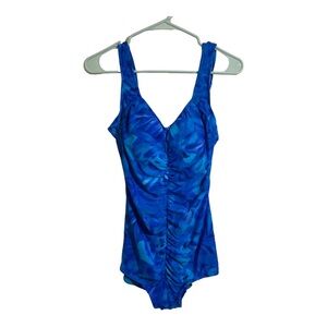 Maxine of Hollywood womens one piece swim suit. Blue floral high back size 14